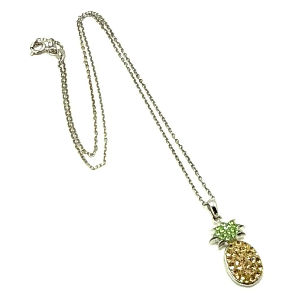 Crystal Rhinestone Pineapple Pendant Necklace Yellow Green Gold Tone 18